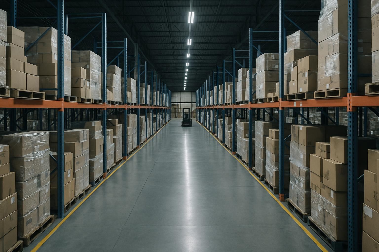 A liquidation warehouse aisle: tall pallet racking stacked with shrink-wrapped loads