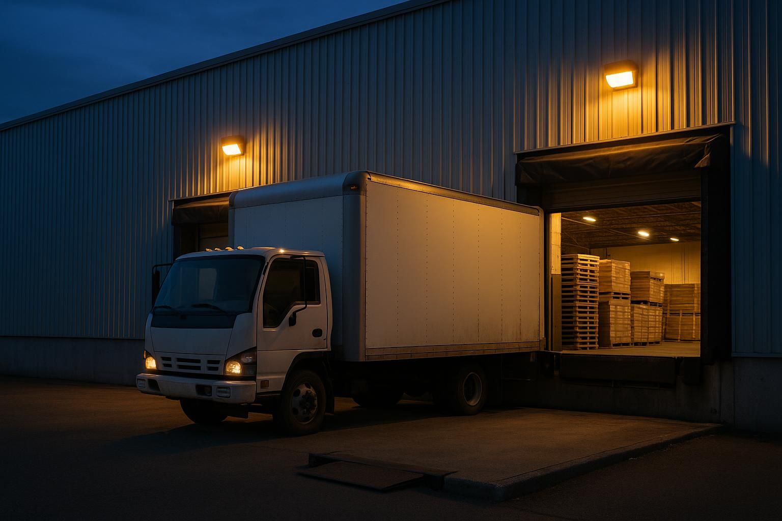 A warehouse loading dock at dusk: a box truck backed in, pallets staged inside the open dock door